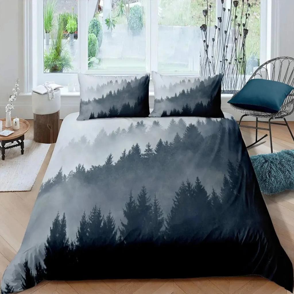 Comforter Smoky Mountain Misty Forest Bedding Set Full Queen Size Grey Trees Natural Scenery Art Comforter
