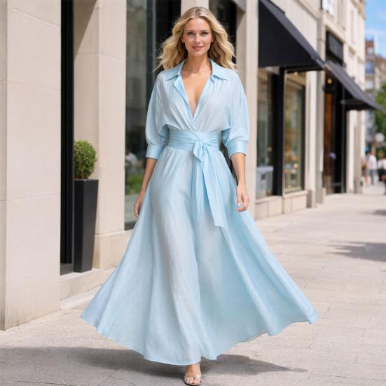 Damen Maxikleid Hemdkleid, Halbsärmel Revers V-Ausschnitt Langes Kleid, Lässiges A-Linie Lockeres Schwingkleid mit Taschen