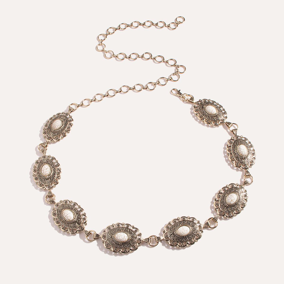 

Женская тяжелая промышленность Изысканно вырезанный белый бирюзовый Дворцовый стиль Тяжелый металл Поясная цепь Ретро Модный пояс для платья