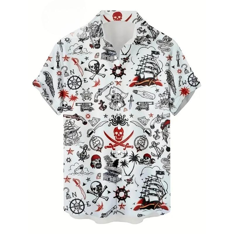 Retro Fashion Printed Pirate Pattern Men's Shirt Summer Street Beach Shirt Hip Hop Cool Shirt