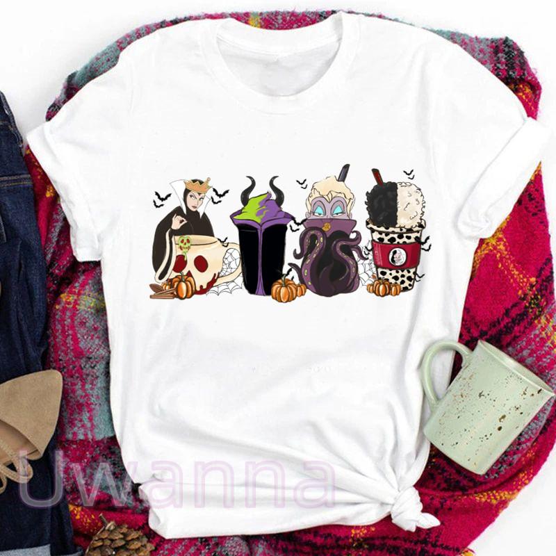 Tshirt Cartoon Coffee Print Halloween Crewneck Fashion Princess Tshirt Top Loose Street Costume