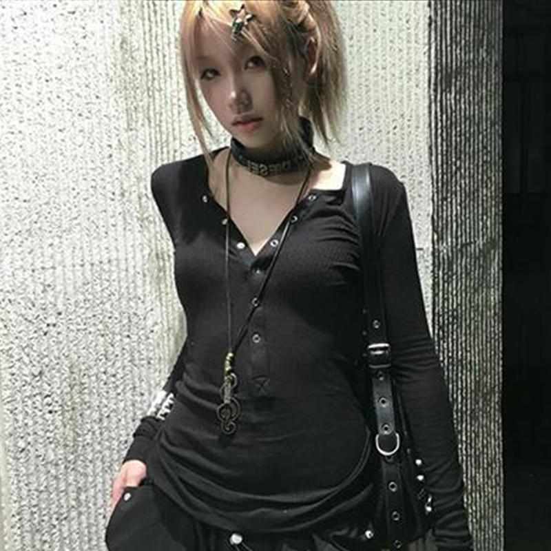 Y2k Japanese T Shirt Women Lace Long Sleeve Print Graphic Tops Streetwear American Retro 90s Crop Tops