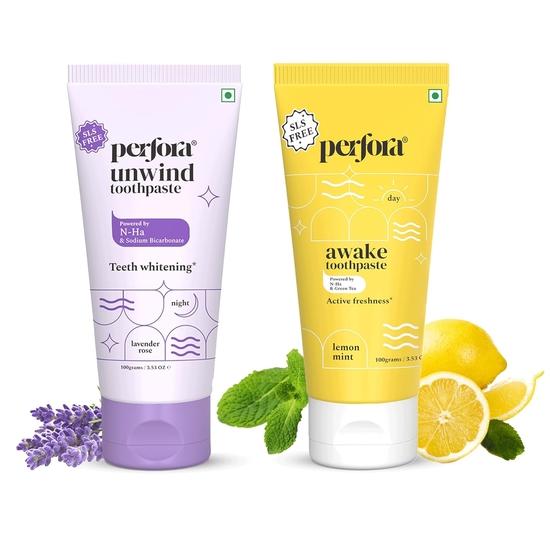 

Perfora Ежедневный уход за полостью рта Комбо: Зубная паста Awake & Unwind для активной свежести, профилактики кариеса и отбеливания зубов | 200 г (100 г x 2)