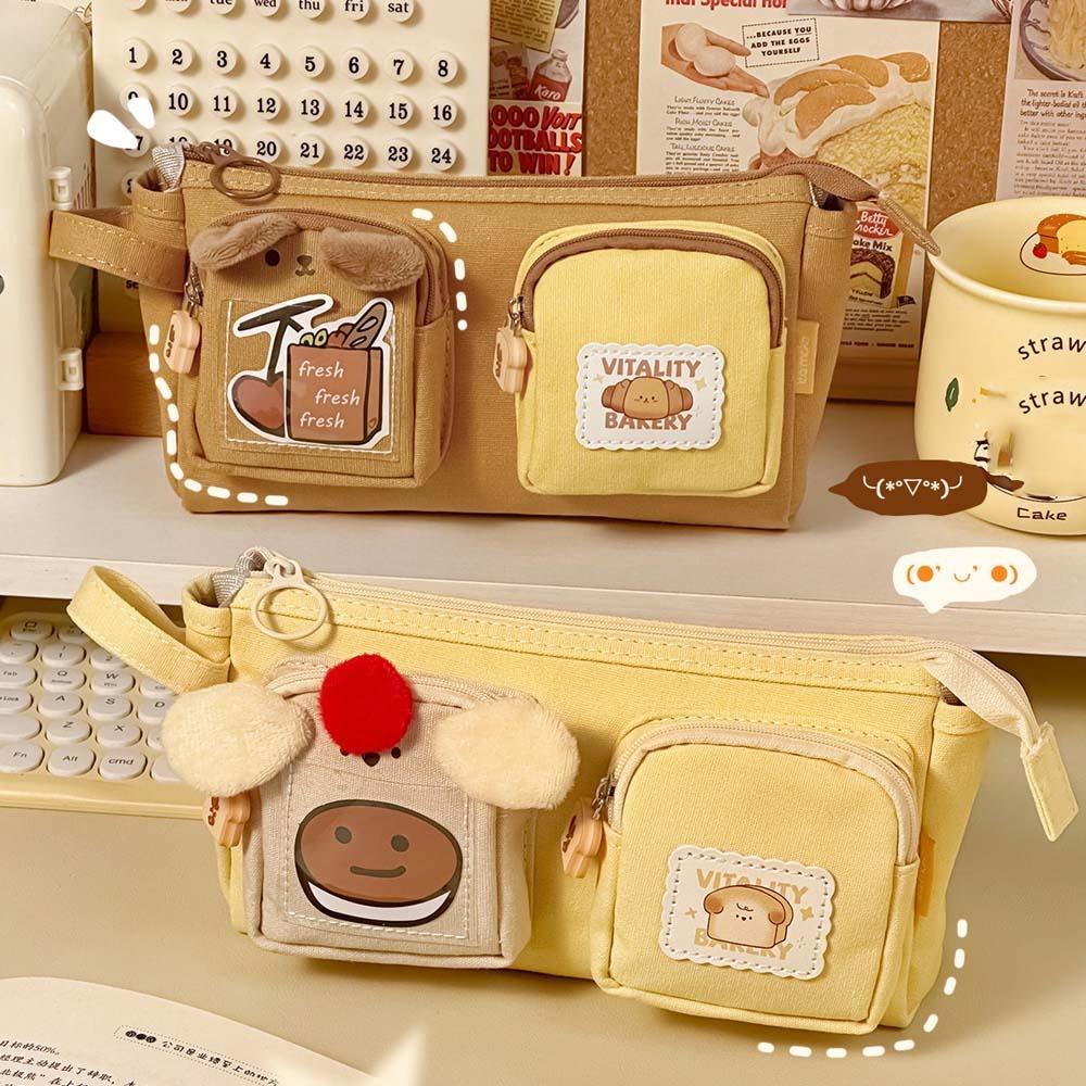 Large Capacity Cartoon Canvas Pen Bag PVC Stationery Storage Bag Cute Bear Pencil Pouch  Daily