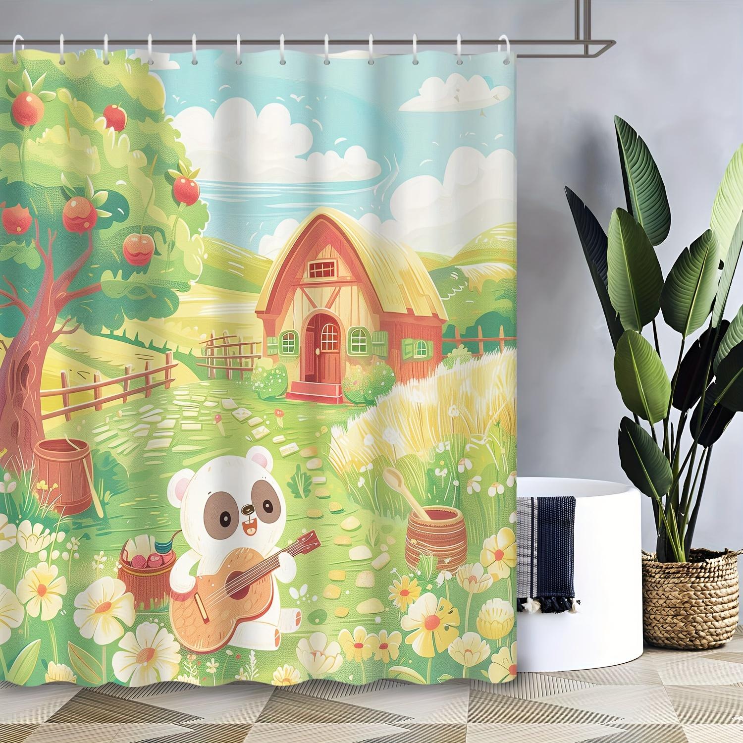 

Shower Curtain: Whimsical Panda Playing Guitar In A Scenic Garden For A Cheerful And Playful Bathroom Decor W60H190(CM)-1 Pcs