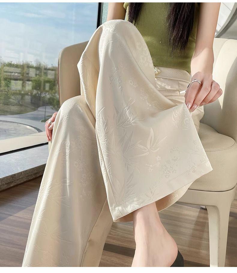 New Chinese Style Women's High-Waist Wide-Leg Pants for Summer - Ice Silk Feel, Floor-Length, Casual Drape.