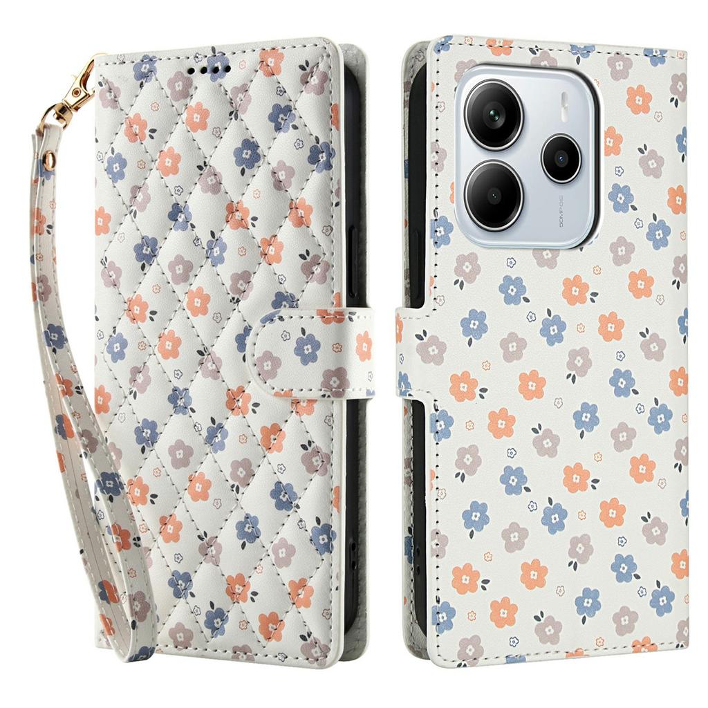 Brieftasche Hülle für Xiaomi Redmi Note 14 5G/Poco M7 Pro 5G Rautenmuster Blumendesign Leder Klapphandyhülle mit Riemen