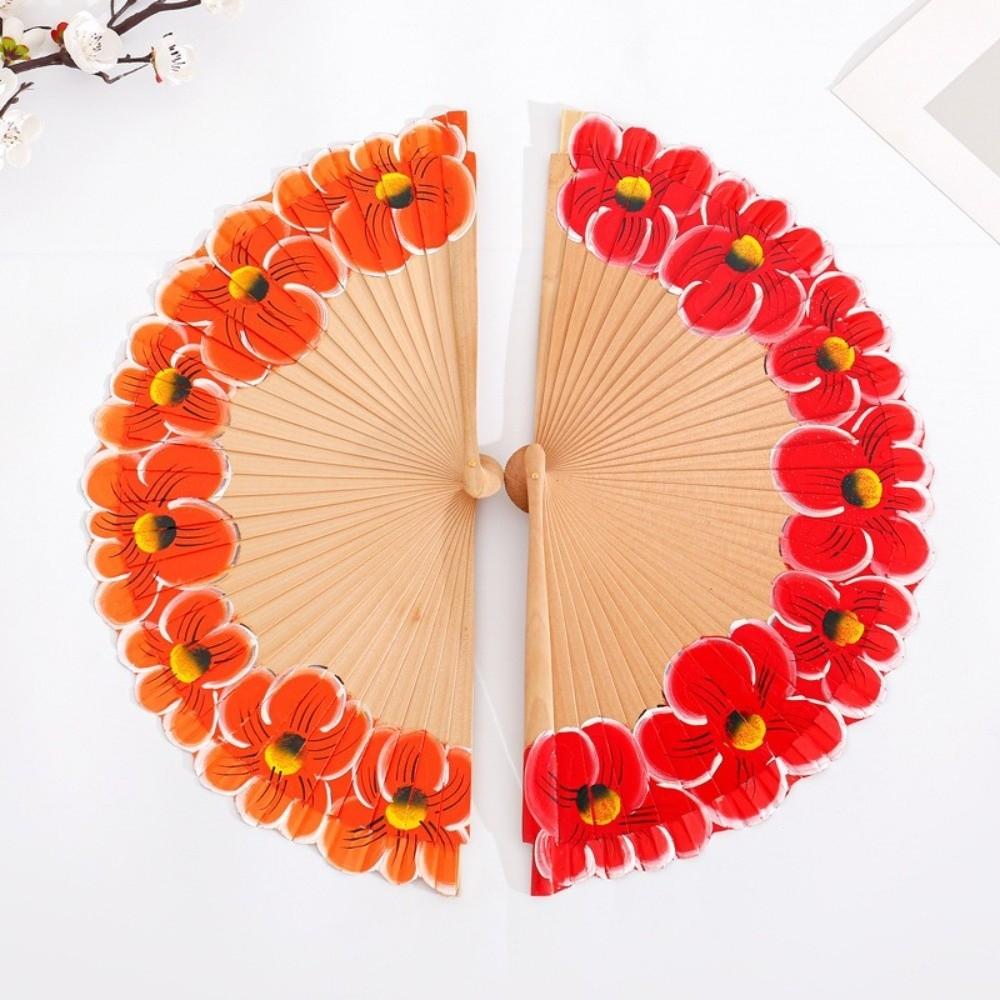 Chinese Style Wooden Folding Fan Hand-Painted Pattern Handheld Fan Ancient Flower Fan Women Use