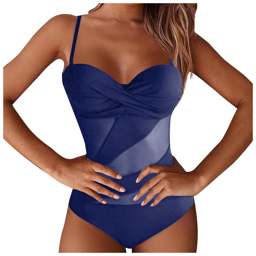 Women One Piece Swimsuit Mesh Insert Cutout Design Slim Fit Adjustable Straps Swimwear Beachwear