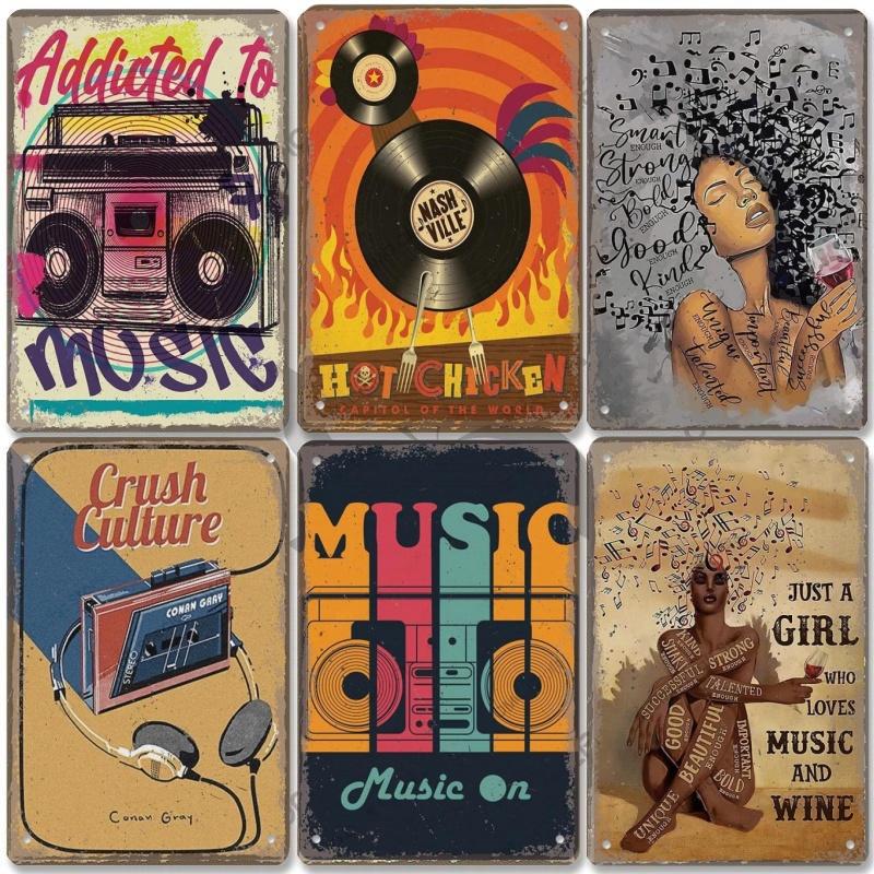 Vintage Music Posters Metal Tin Signs Retro Metal Plate Music CD Radio Guitar Singer Bar Club Wall Decor Living Room