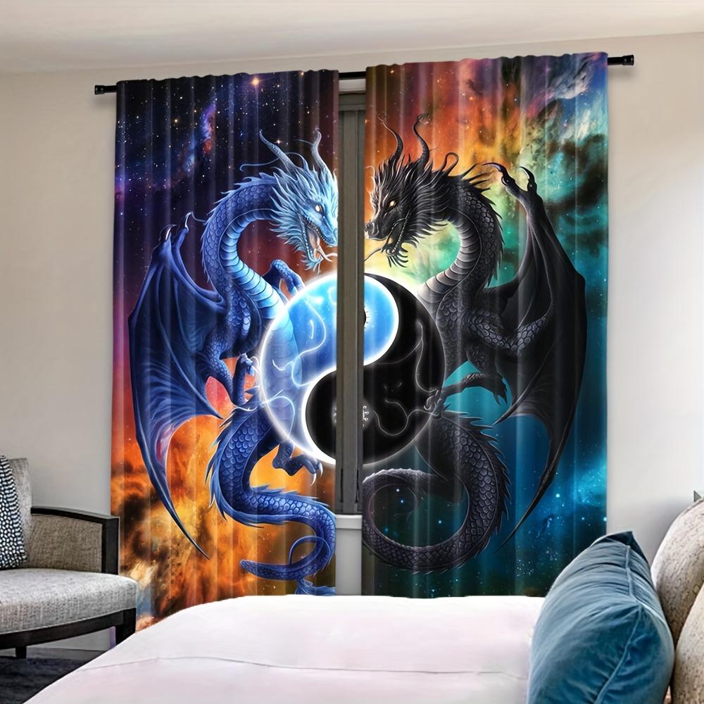 Set Of 2 Dragon Curtains Fantasy Galaxy Cloud Black White Yin Yang Bedroom Room Living Made Polyester Great Window Treatment