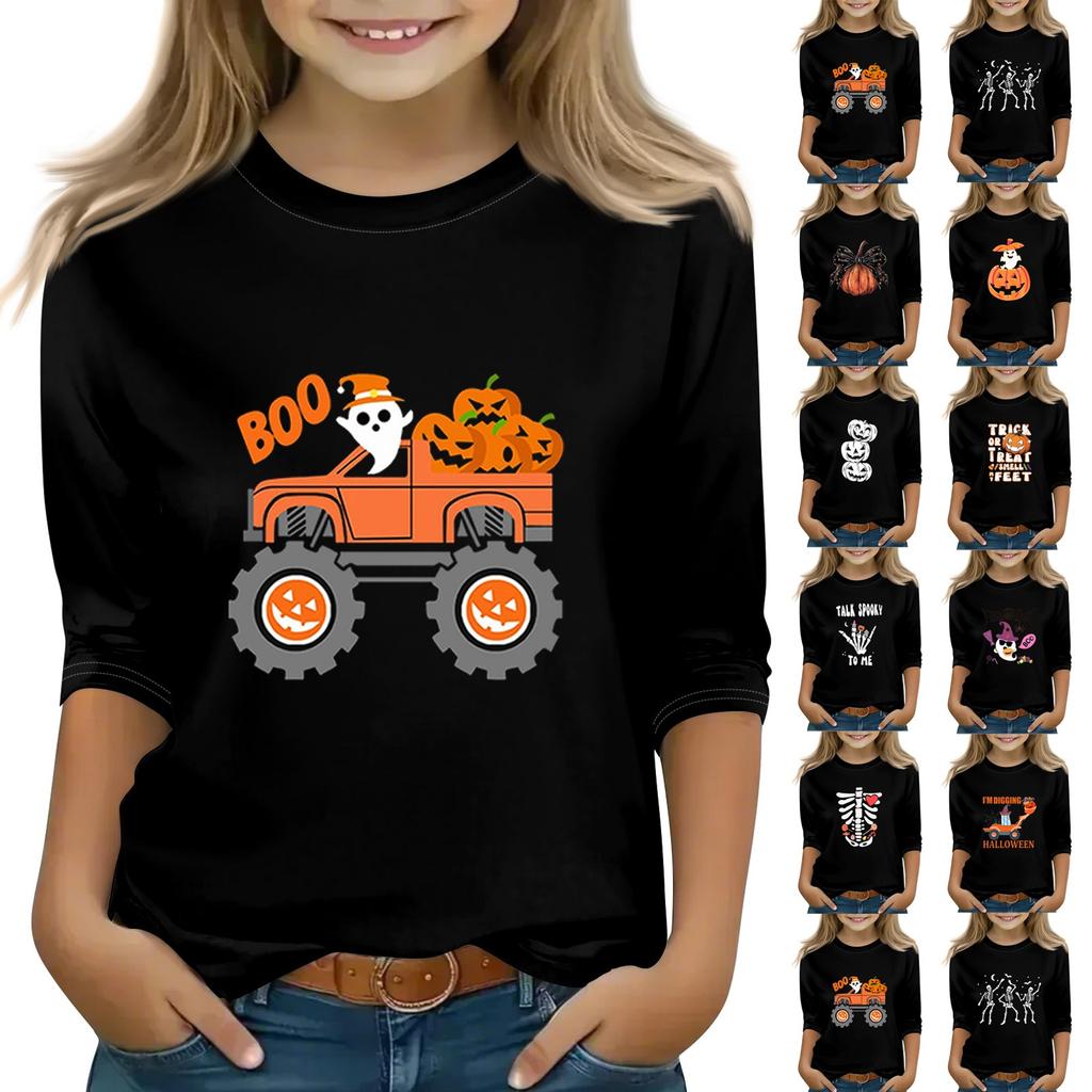 Print Tops For Youth Girls Round Neck 3/4 Sleeves T-Shirts Trendy Tops Outfit Tees