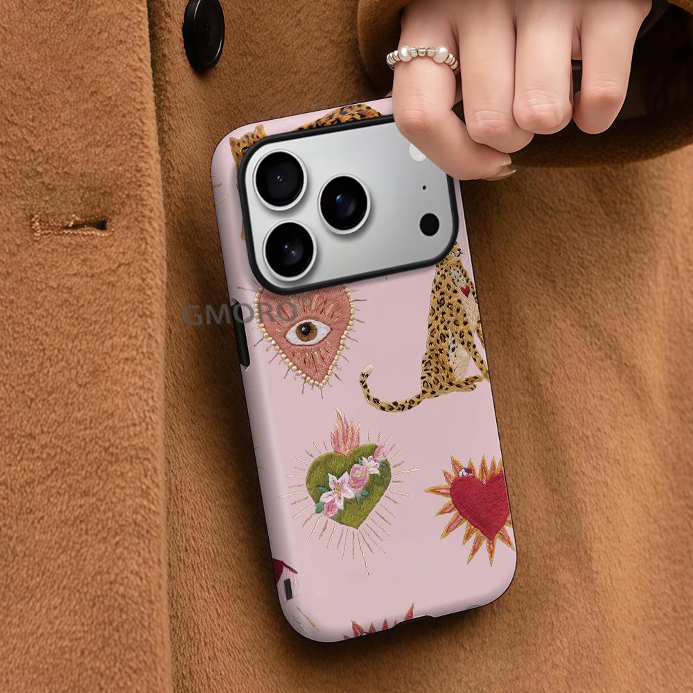 European and American Popular Embroidery Wind Leopard Love Mobile Phone Case iPhone16e Double-layer Magnetic Film Case Apple 17Pro