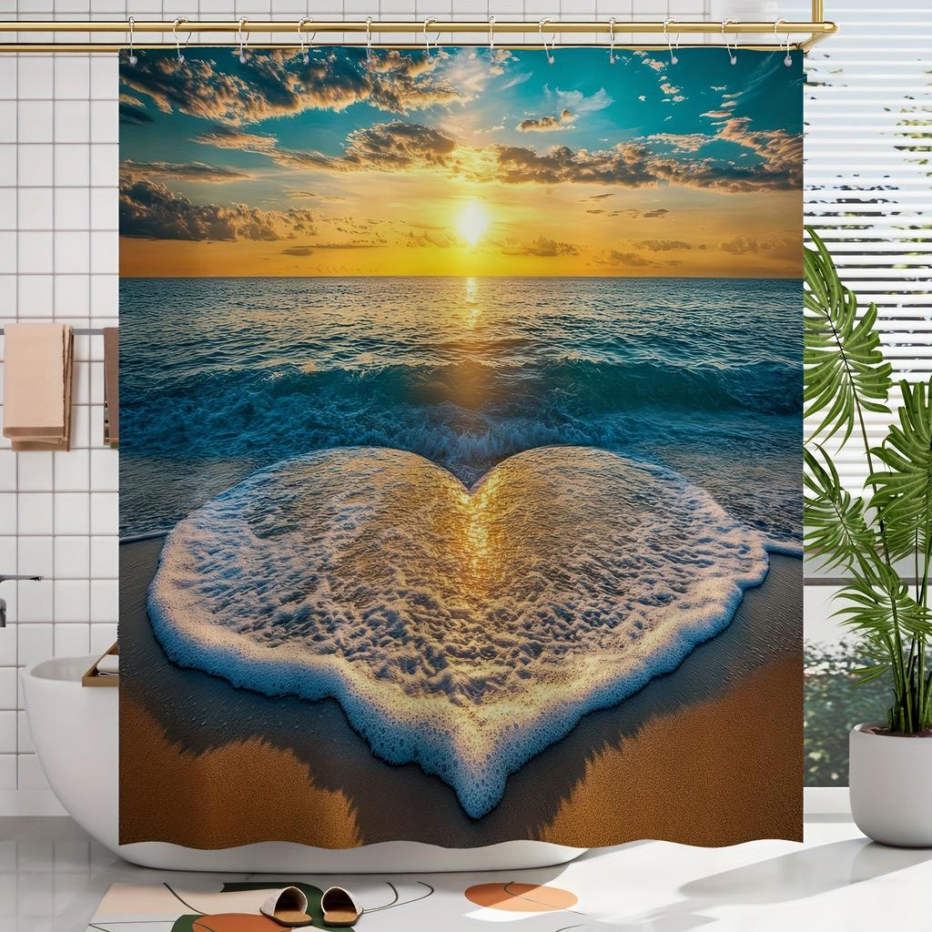 Ocean Heart Beach Sunset Shower Curtain – Vibrant Waves Design, Polyester with Hooks for All-Season Bathroom Decor