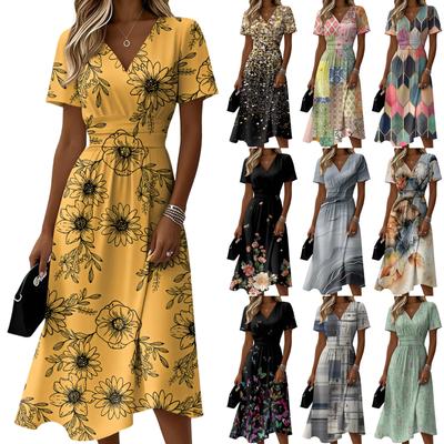 Damen-Kleid mit Blumenmuster, lässig und modisch, kurzärmelig, V-Ausschnitt