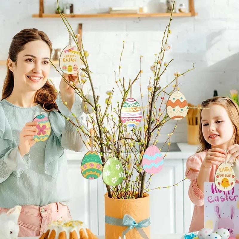 10pcs Easter Egg Unfinished Wood Ornaments Wood Slices DIY Crafts Unfinished Wooden Easter Ornaments with Hemp Rope for Easter