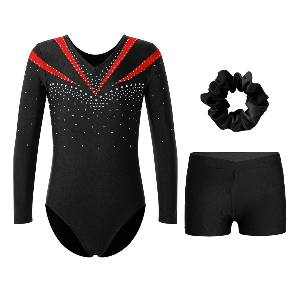 Girls Long Sleeve V Neck Rhinestones Contrast Color Leotard Waistband Shorts Hairband Dance Set