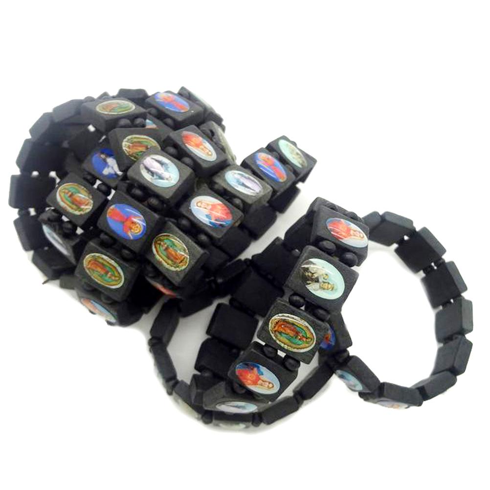 4 ks Dřevěný růženec Náramek s Ježíšem Elastický náramek s obrázky náboženských svatých Katolický Svatí Bohové Bohyně