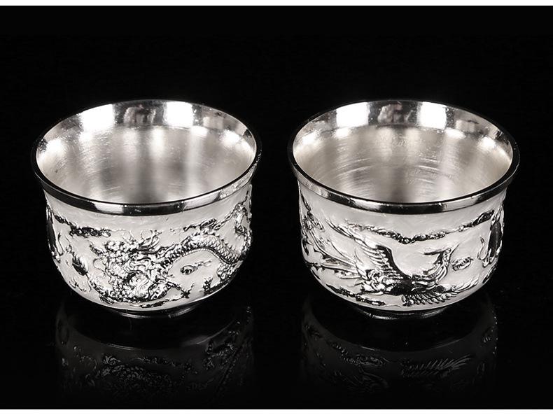 Dragon & Phoenix Sterling Silver Tea & Wine Set: 1 Plate, 1 Pot, 4 Cups in Chinese Gift Box