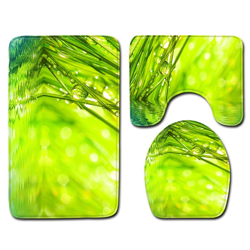 Toilet Three-Piece Bathroom Decorative Floor Mat Doormat Combination Water Drop Green Leaves Natural Scenery
