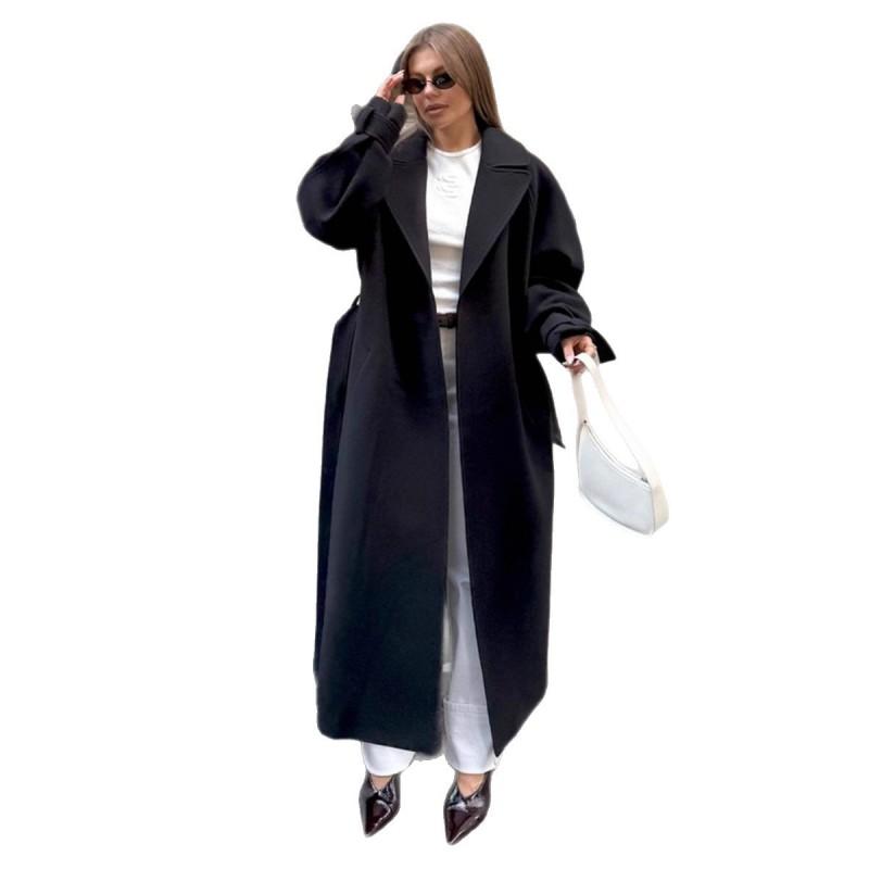 Womens Long Wool Blend Coat Winter Oversized Wrap Belted Trench Style Loose Fit Outerwear