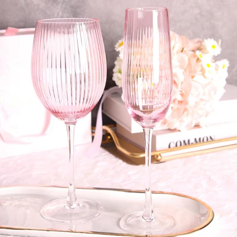 Nordic Pink Lead-Free Crystal Wine Glasses Large Capacity Vertical Stripes Goblet Champagne Cup for Household Barware Set