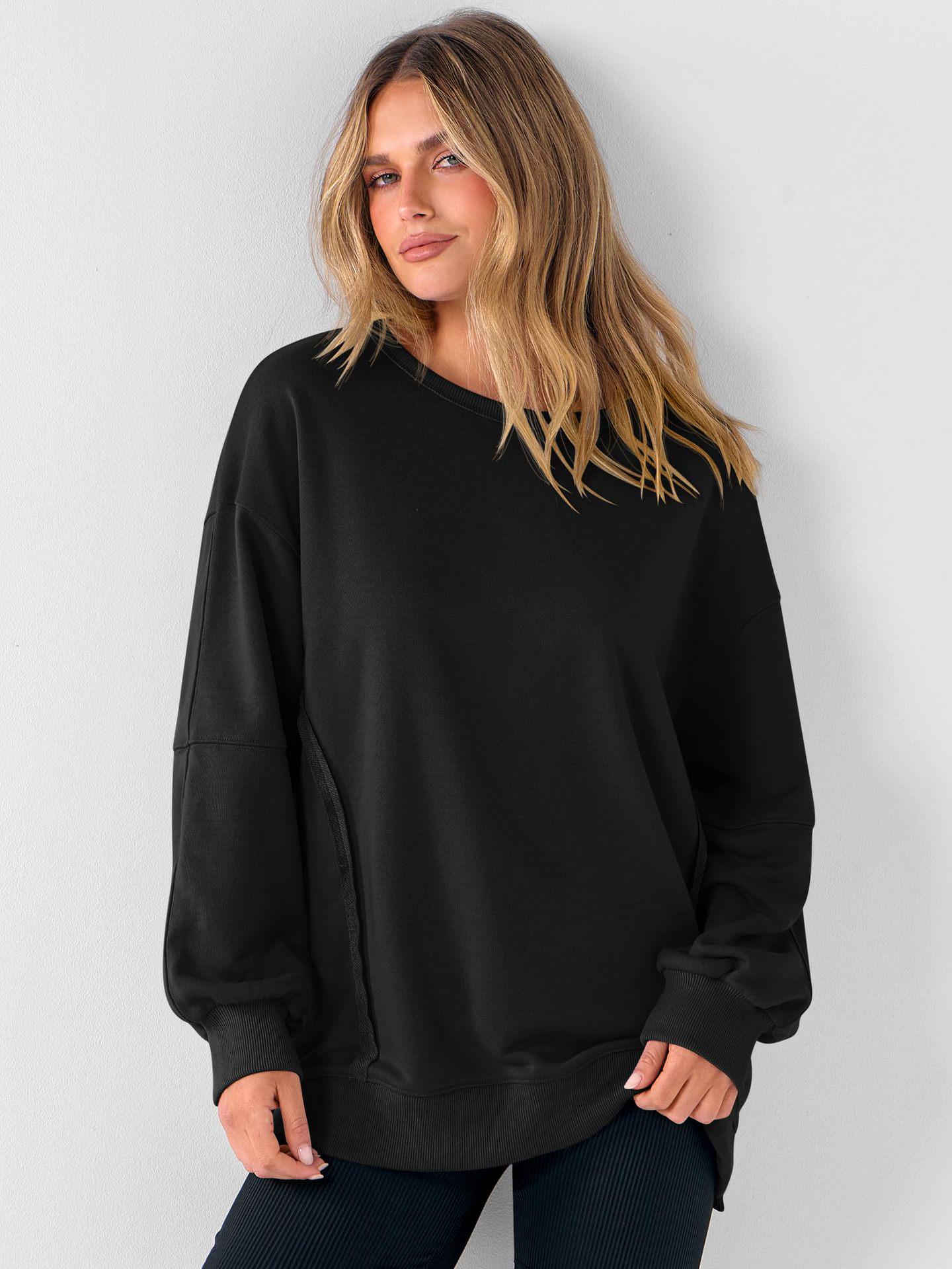 

Женский свитшот с длинным рукавом и круглым вырезом, с боковым разрезом, тренд Y2K 2025 года Double Extra Large чёрный