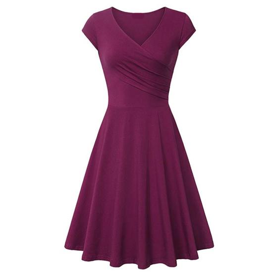 Fashion Women Solid Color V Neck Short Sleeve Plated Swing Party Banquet Dress
