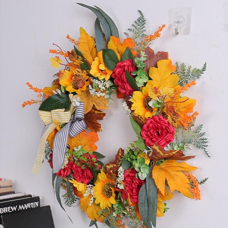 Höst Dörrkrans Höstskördekransar För Ytterdörr Höst Gårdskrans Med Solrosor Och Lönnlöv För Utomhusbruk