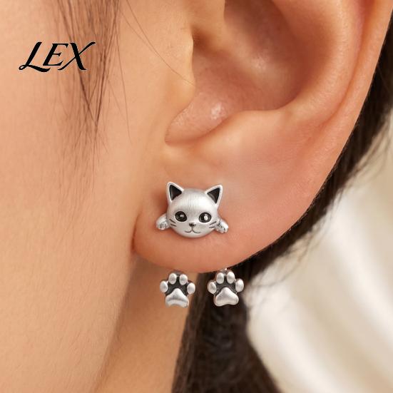 Creative Pet Themed Jewelry 1 Pair Cute Cat Paw Earrings for Women, Vintage Front Back Stud Earrings, Small Kitten Gift Lovers Silver Tone Studs