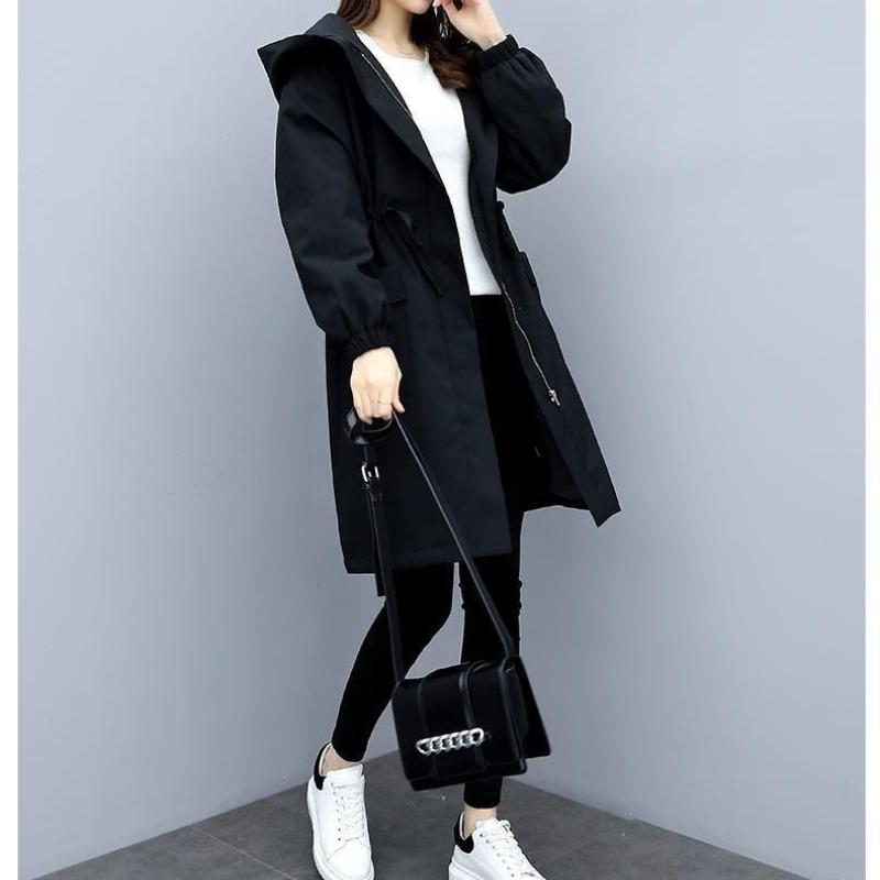 Windbreaker Women's Mid-length Autumn and Winter Four Seasons Plus Velvet and Thin Loose Hooded Plus Velvet Jacket