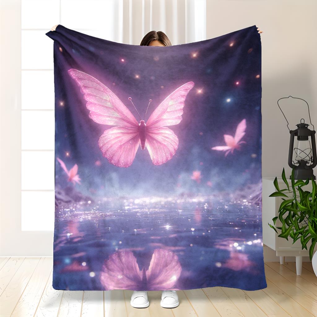 Pink Butterfly Galaxy Blanket Fantasy Art Cosmic Sky Water Reflection Fleece Throw Dreamy Decor Gift For Women Home Bedroom Cozy