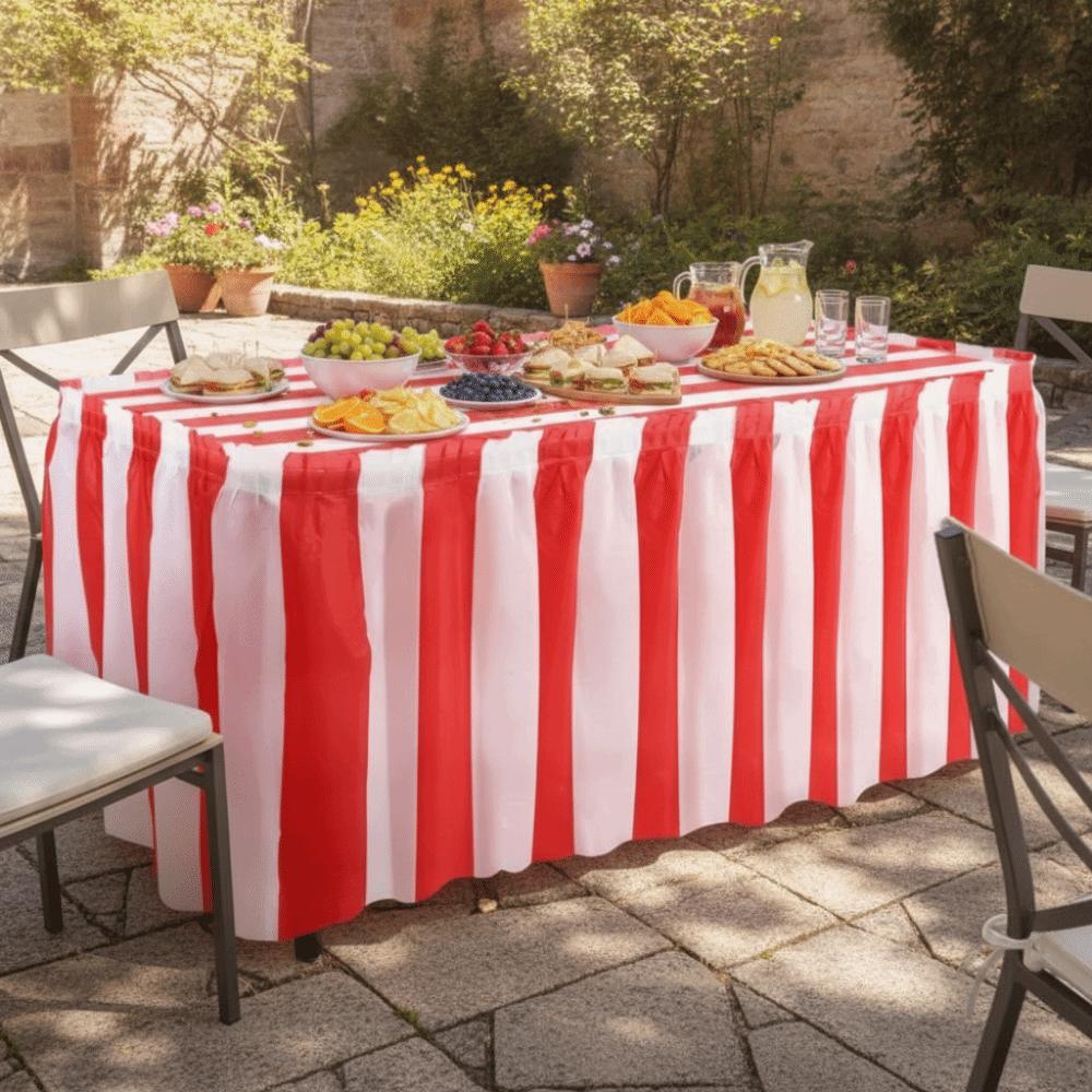Elastic Red and White Striped Table Skirt Set Waterproof Table Cover Carnival Party