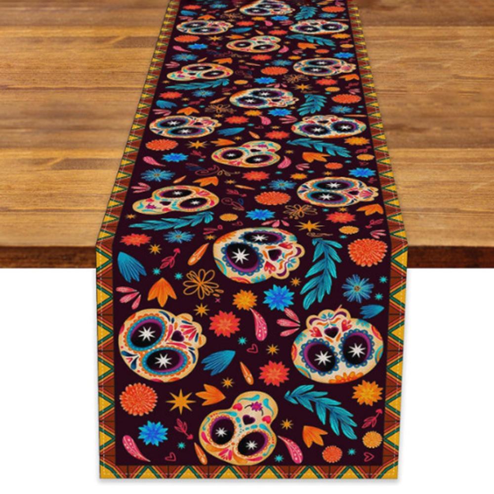 

Мексиканский День мертвых льняные дорожки для стола Декор для кухонного обеденного стола Сахарные черепа дорожки для обеденной вечеринки Декор