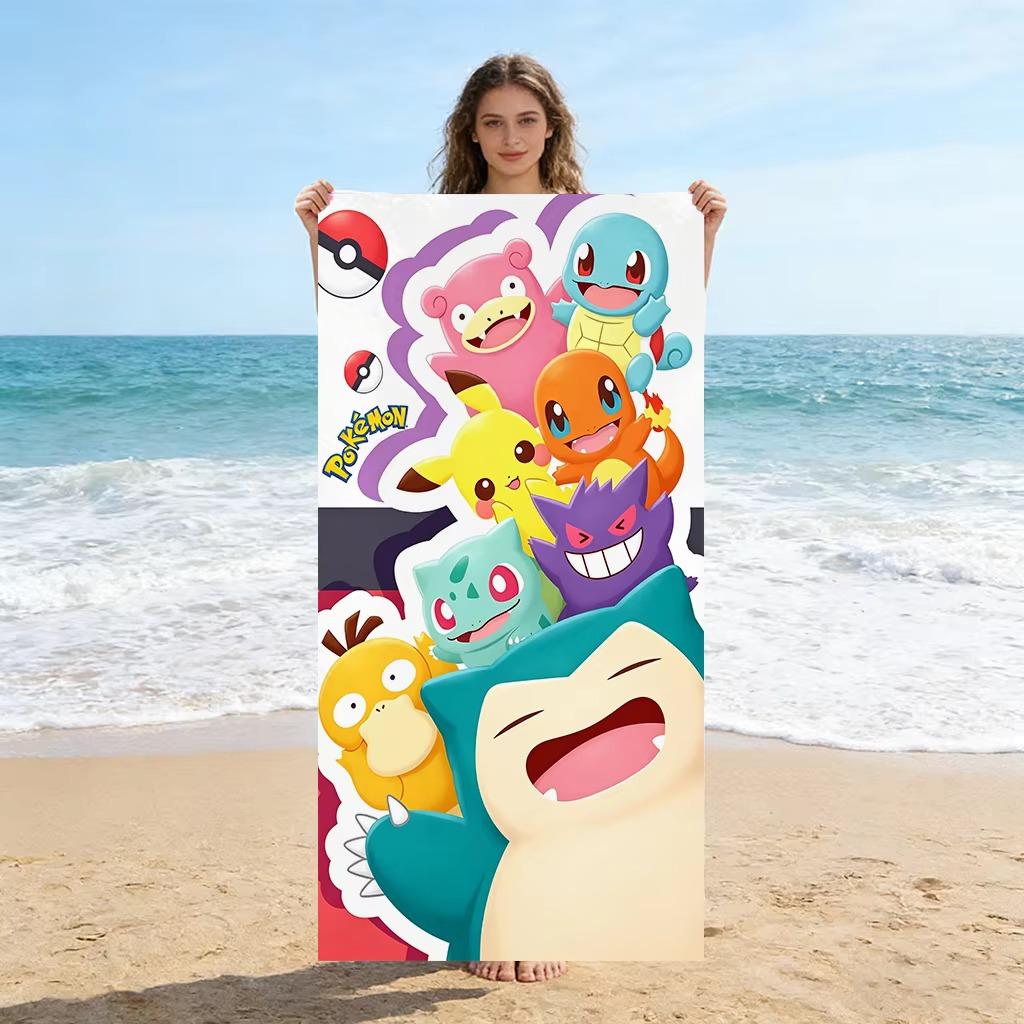 Soft Microfiber P-Pokemon Beach Towel with Pikachu Squirtle Bulbasaur Flat Print Absorbent for Beach Pool Camping Holiday Gift