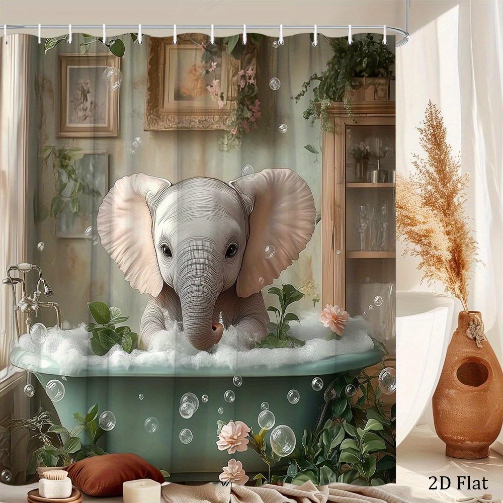 1pc Elephant Shower Curtain, Cartoon Animals Plants Home Bookshelf Cute Foam Sitting Elephant in Tub Watercolor Floral Suitable