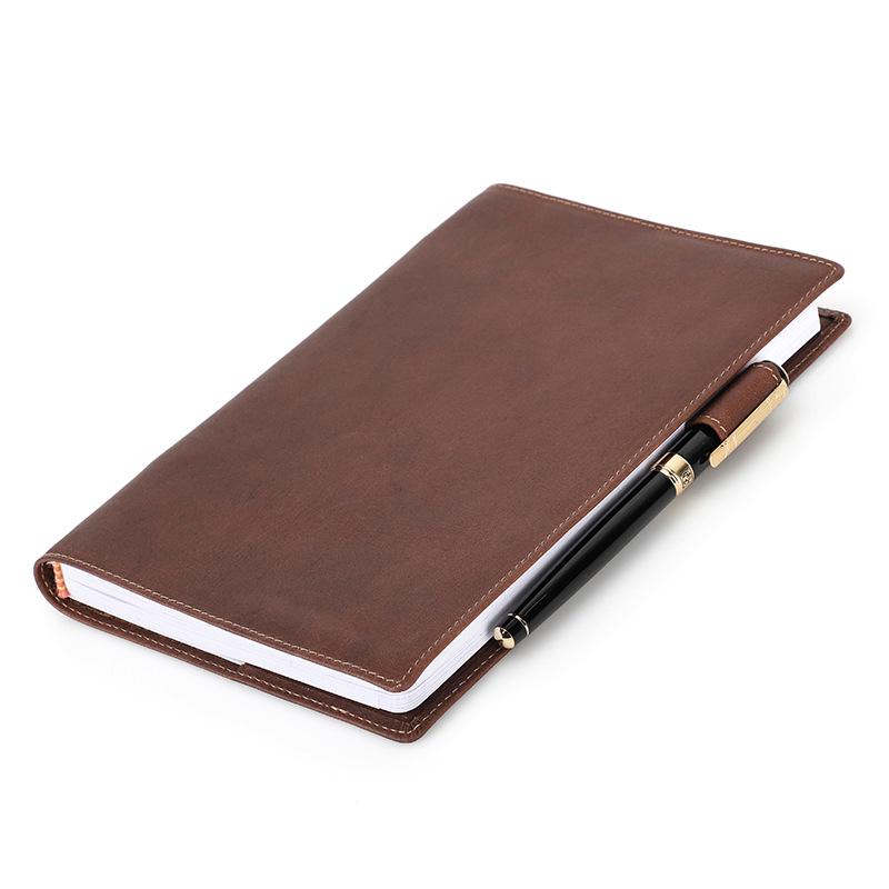A5 Crazy Horse Leather Notebook Cover with Pen Slot, Portable Business Notepad Case коричневый