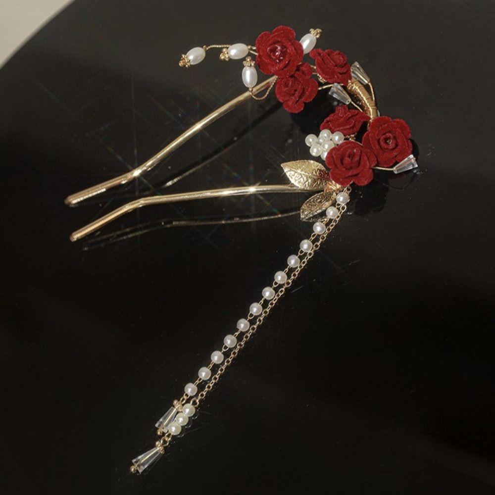 Tassel Rose Hairstick Step Shake U-shape Hairpin Jewelry Flower Hair Clip  Party