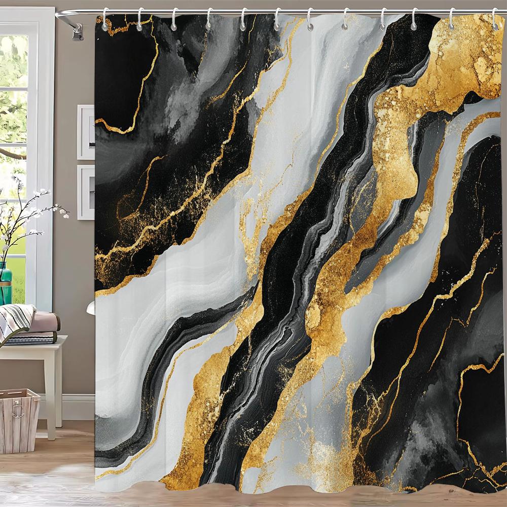 Abstract Marble Pattern Shower Curtain, Geometric Printed Bathroom Decorative Shower Curtain, Fabric Home Curtain with Hooks