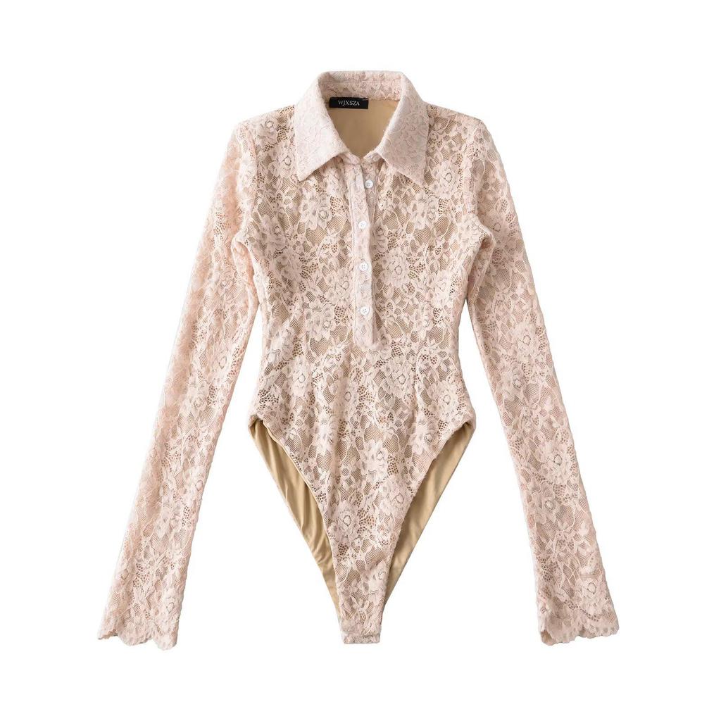 American Spicy Girl Slim-fit Floral Lace Jumpsuit - Embossed Long-Sleeve Lapel (2025)