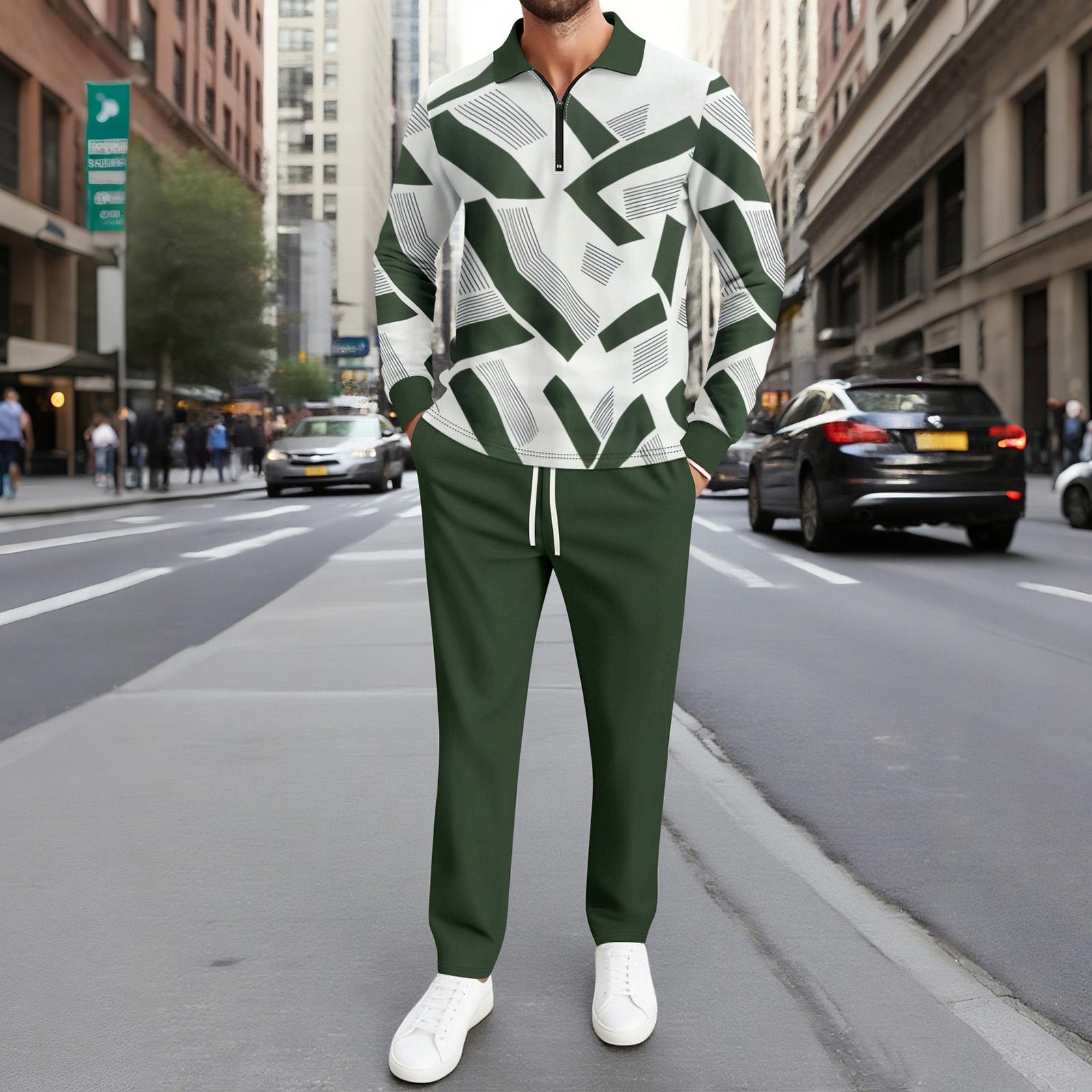 

Men s Lapel Printed Colorblock Half Zip Casual Sports Long Sleeved Trousers Suit L