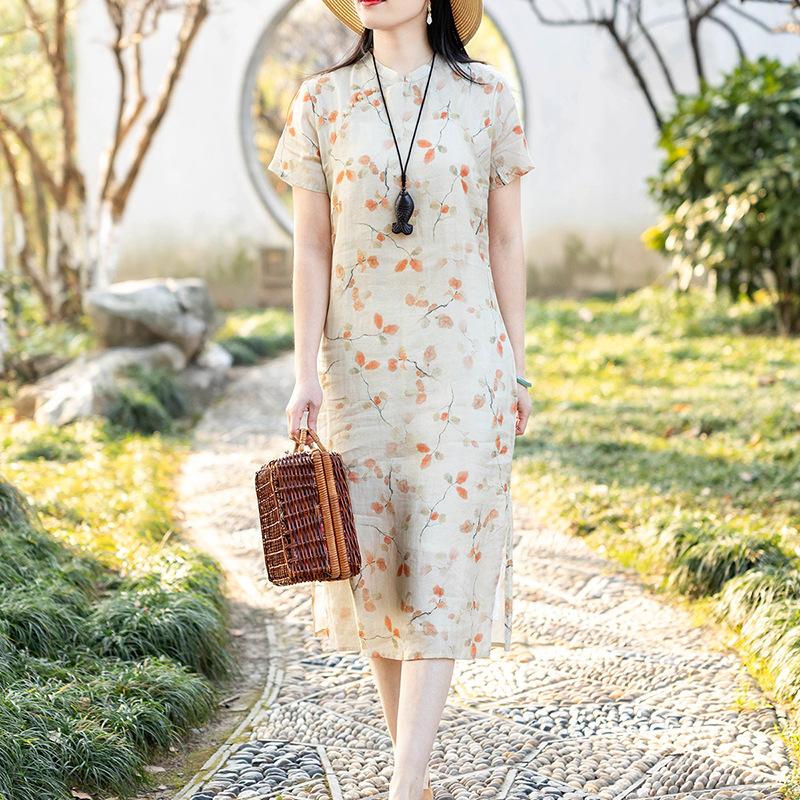 

Ципао с коротким рукавом 2025 лето новый свободный цветочный А-силуэт тонкий темпераментный воротник-стойка хлопковое и льняное платье M
