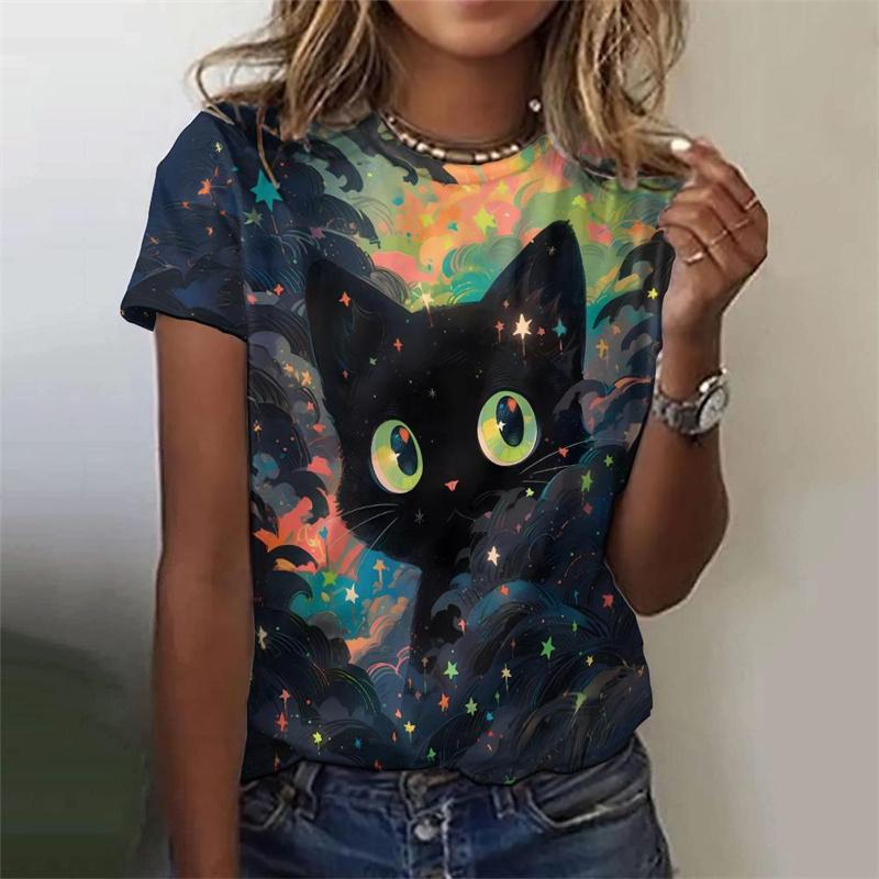 Красочная футболка с кошачьим принтом для женщин, мультяшная футболка с 3D-принтом, летняя футболка Харадзюку с круглым вырезом, с короткими рукавами, свободный топ S