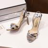 Summer New High-heeled Sandals Women's Stiletto Cross with Open Toes Sexy Silver Stiletto Large Size Small Size Sandals