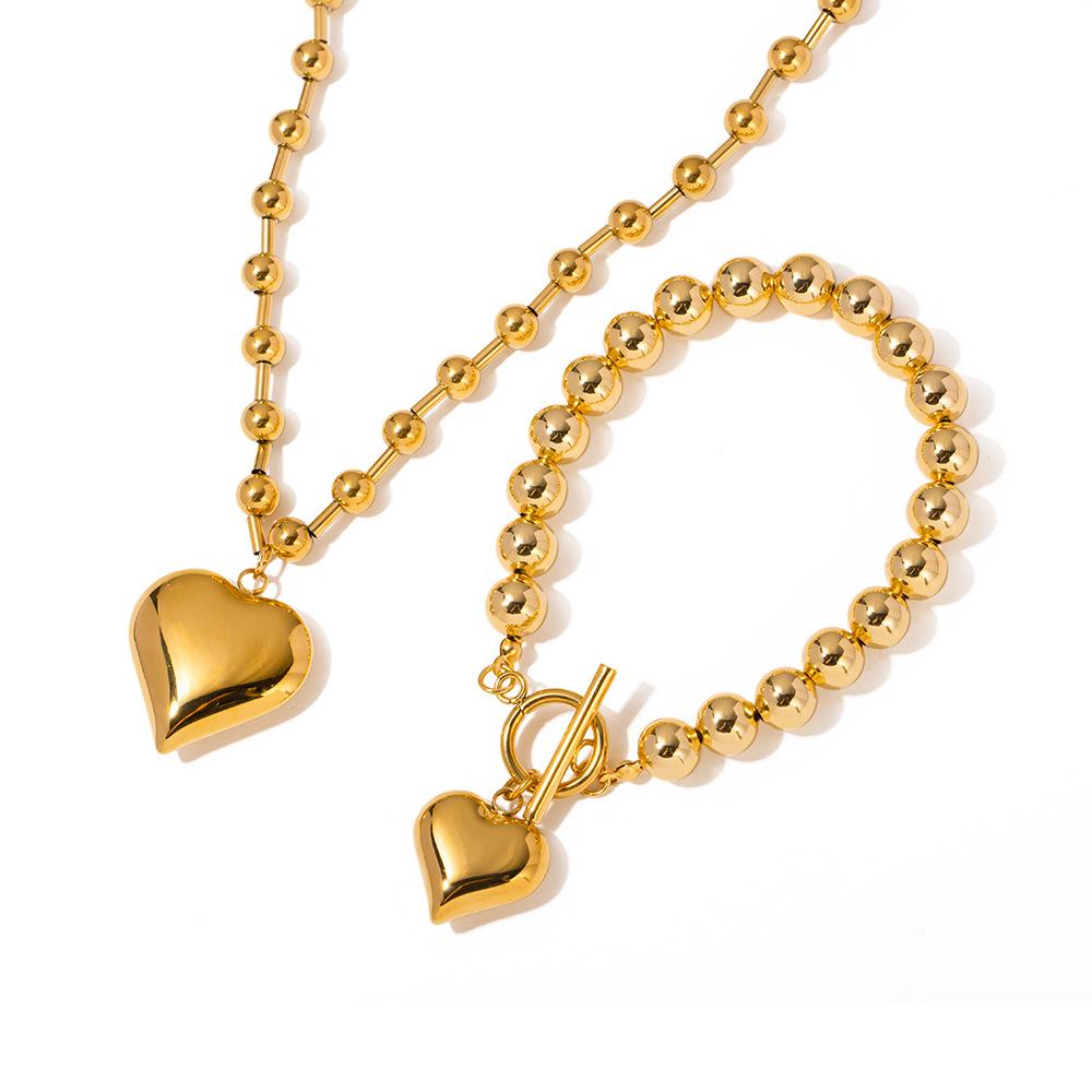 3D Heart Pendant Bead Necklace Gold Love Jewelry Elegant Women Accessories