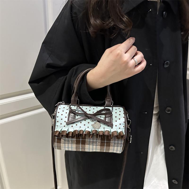 Korean Bow Pillow Bag Women Star Checkered Handbag Blue Brown Pleated Edge Shoulder Bag Cute Heart-shaped Pendant Crossbody Bag