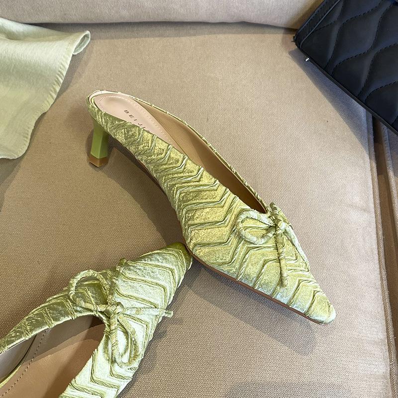 

Фруктовый зеленый премиальный дизайн бант острый носок средний каблук мюли женские туфли-стилет на высоком каблуке полушлепанцы 34