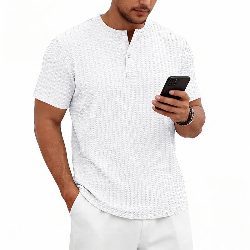 Mens American Retro Texture Elastic Loose Casual Short Sleeve Henley T Shirt