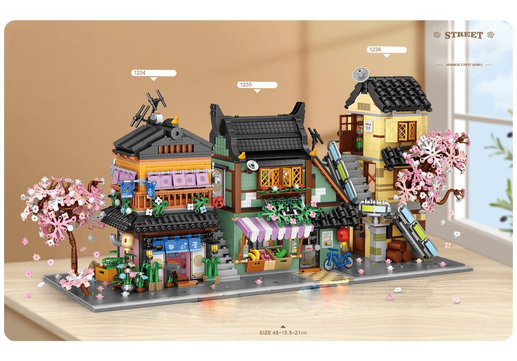 3v1 Japonské Městské Uliční Scenérie Mini Kostky Ramen Restaurace Byt Obchod s Ovocem a Zeleninou Stavebnice Kostky Stavební Hračky