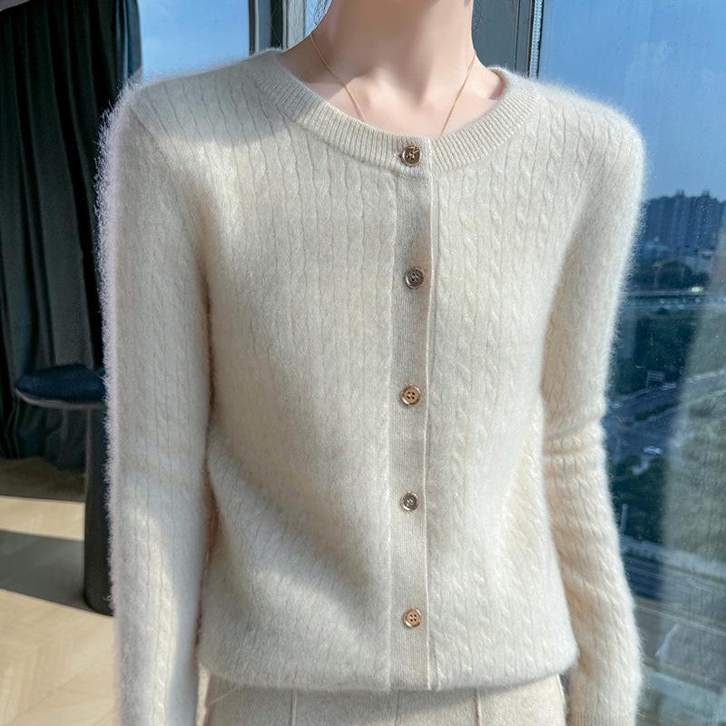 2026 Autumn/Winter Women's Soft Chunky Cable Knit Wool Cardigan Sweater - Round Neck Solid Color Top